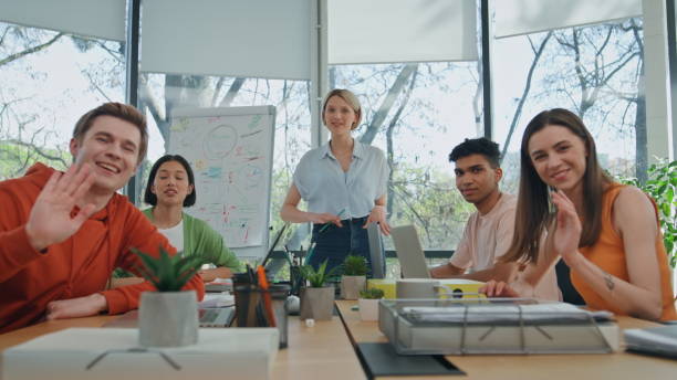 istock Team having video conference office pov view. Multiracial group remote meeting 2140637766