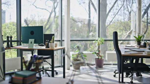 istock Creative office workspace room. Selective focus on steel sculpture. No people 2140641423