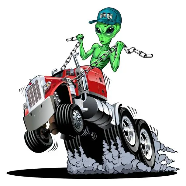 Vector illustration of Vector cartoon alien drives a truck
