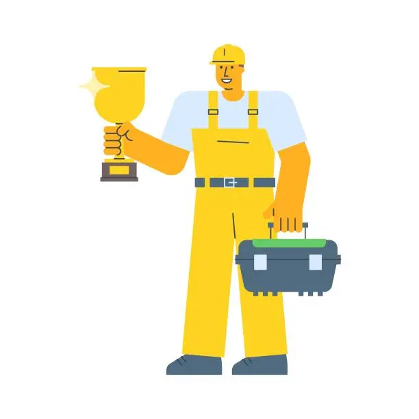 Vector illustration of Builder holding golden cup and holding suitcase
