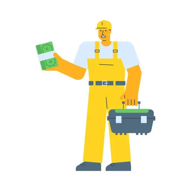 Vector illustration of Builder holding wad money and holding suitcase