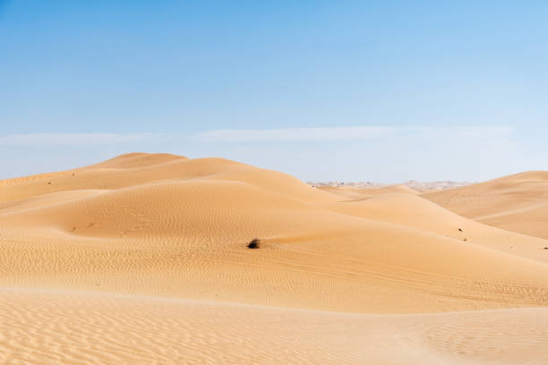 istock Wide desert sand dune with hills and blue sky. Wavy sand patterns 2140664729