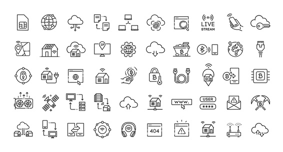 Data exchange, traffic, files, cloud, server. Outline icons collection