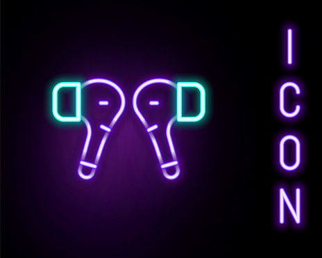 Glowing neon line Air headphones icon icon isolated on black background. Holder wireless in case earphones garniture electronic gadget. Colorful outline concept. Vector.