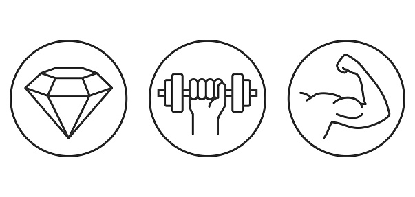 Hardness, power and strength icons set in thin line - for sports nutrition or material properties