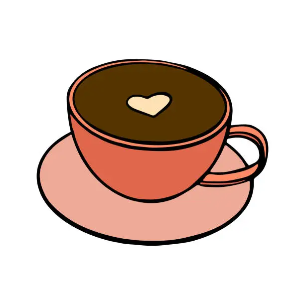 Vector illustration of vector doodle pink coffee cup, with a heart