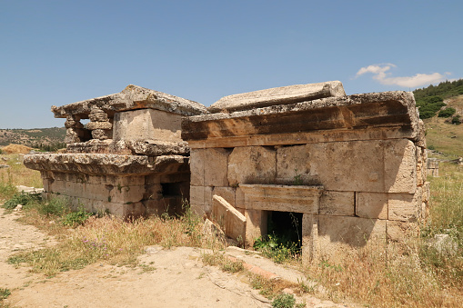 Two tombs at the northern Necropolis of the ancient site of Hierapolis with sarcophagus on top, Pamukkale, Denizli, Turkey 2022