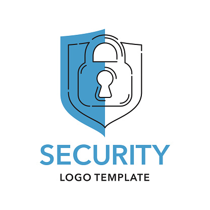 Logo template with lock in thin line and shield on background - security systems, protection or antivirus service pictogram