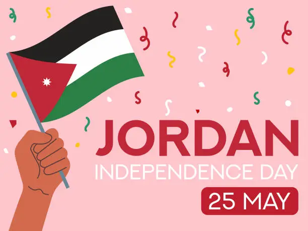 Vector illustration of Jordan independence day 25 may. Jordan flag in hand. Greeting card, poster, banner template