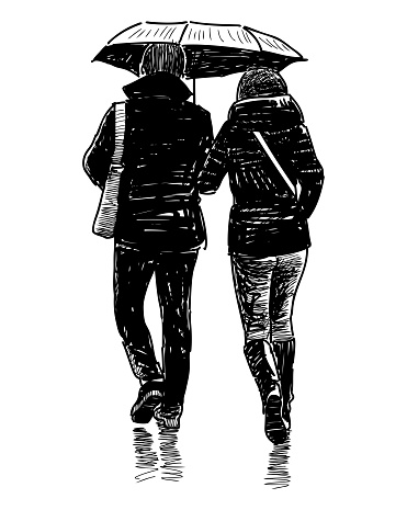 Couple, man,woman,pair, together, silhouettes, umbrella,citizens, casual, pedestrians,raining, walking,urban street,real people,city dwellers,sketch, black and white vector hand drawn illustration isolated on white