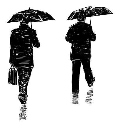 Men, silhouettes, umbrella,citizens, casual, pedestrians,raining, walking,urban street,real people,city dwellers,sketch, black and white vector hand drawn illustration isolated on white