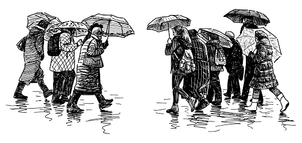 Crowd citizens, casual, pedestrians, under umbrella,raining, walking,urban street,real people, city dwellers, citylife, sketch, black and white vector hand drawn illustration isolated on white