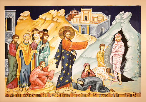 Milan - The icon Resurrection of Lazarus in the church Chiesa dei Santi Nereo e Achilleo by Iulian Rosu.