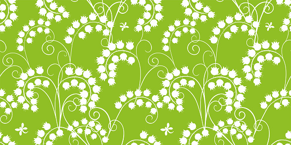 Lilies of the valley, dragonflies, silhouettes, white, spring flower, seamless,pattern, decorative,tendrils,vector, green background,fabric,textile,wallpaper,paper