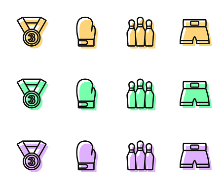 Set line Bowling pin Medal Boxing glove and short icon. Vector.