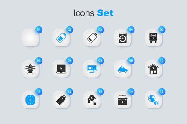 ツールボックスの電気技師、ラップトップ、バッテリーの充電、稲妻、プラグ付きのグローバルエネルギー惑星、スマートホーム、ロール粘着テープ、コンセントアイコンを設定します。ベ� - clothes washer flash点のイラスト素材／クリップアート素材／マンガ素材／アイコン素材