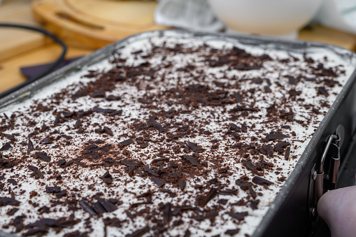 Chocolate cake with whipped cream and cottage cheese cream, sweet currant cake with various currants