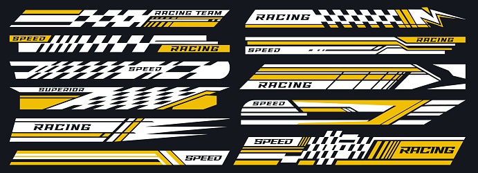 Motorsports racing set labels colorful with car wheel tracks and finish flags for extreme tournament invitation design vector illustration