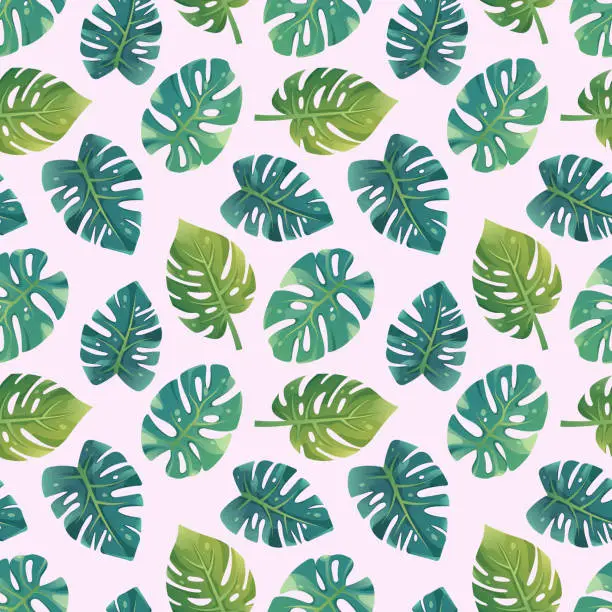 Vector illustration of Vector tropical pattern on light background. Pattern with monstera leaves, large torn leaves. Summer print for fabric, covers