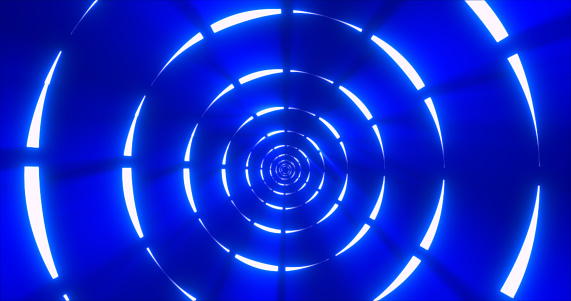 Blue energy digital circles tunnel frame made of lines and dots futuristic magical glowing bright. Abstract background.
