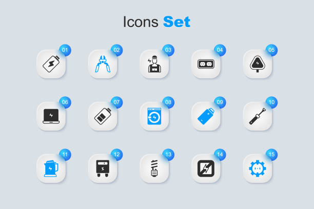 雷なし、バッテリー充電、ペンチツール、電気ケトル、コンセント、ドライバー、洗濯機のアイコンを設定します。ベクトル - clothes washer flash点のイラスト素材／クリップアート素材／マンガ素材／アイコン素材