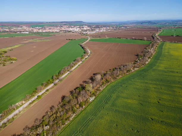 istock Aerial view of green agricultural fields in spring. 2140756452