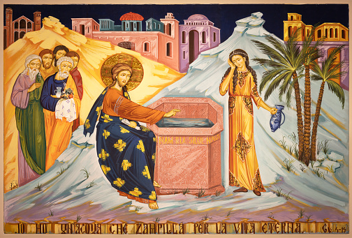 Milan - The icon of Jesus and the Samaritan woman in the church Chiesa dei Santi Nereo e Achilleo by Iulian Rosu.