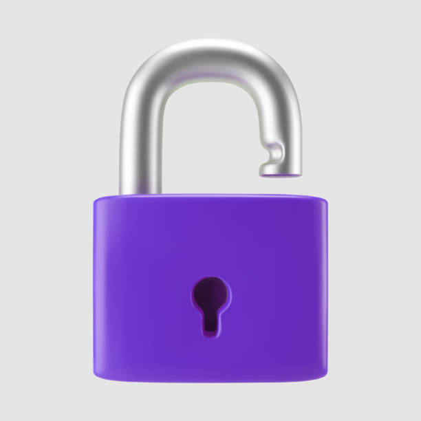 istock 3d purple unlocked padlock icon isolated on gray background. Render minimal open padlock with a keyhole. Confidentiality and security concept. 3d cartoon simple vector illustration 2140757505