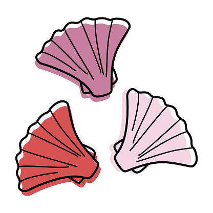 Cute Linear Seashell Doodle icon Set. Hand drawn Sea Shells, Isolated Vector Clip art Illustration. Outline Drawing with color Shapes. Ocean Living Organism, Vacation concept, Beach Element.