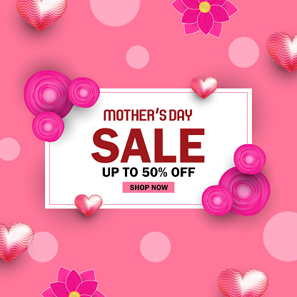 Mother's Day Sale banner design with flowers and hearts