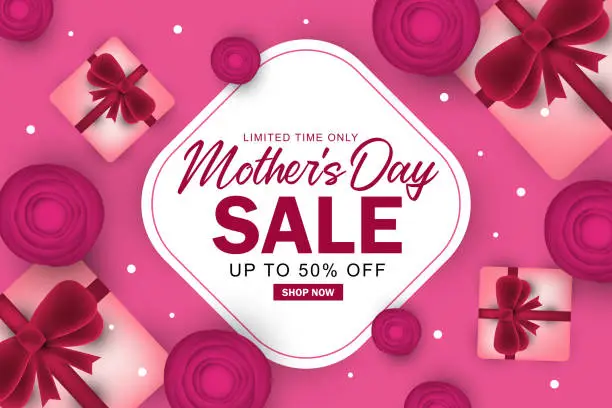 Vector illustration of Mother's day sale banner design with gift box and flowers
