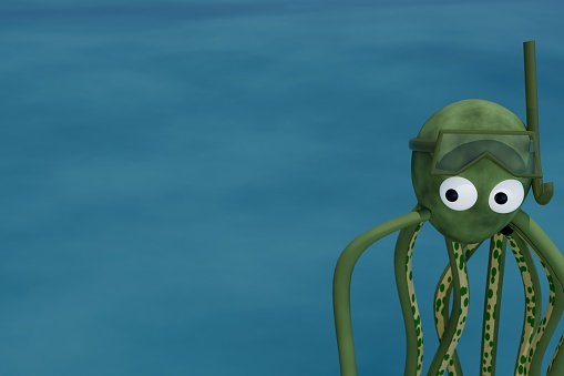 3d render of single octopus in ocean wearing goggles and snorkel