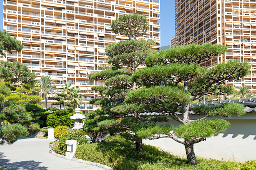 Monte Carlo - August 2022: Japanese garden with the city in the background