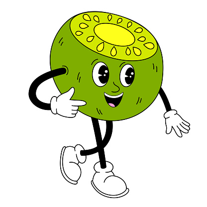 Groovy kiwi fruit. Hand draw Funny Retro vintage trendy style fruit cartoon character. Doodle Comic vector illustration