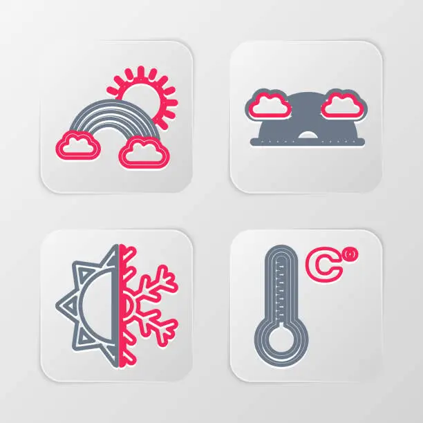 Vector illustration of Set line Meteorology thermometer, Sun and snowflake, Rainbow with clouds and sun icon. Vector