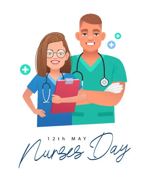 Vector illustration of May 12 - International Nurses Day. Young woman nurse with glasses, with stethoscope and folder in her hand stands next to male nurse.