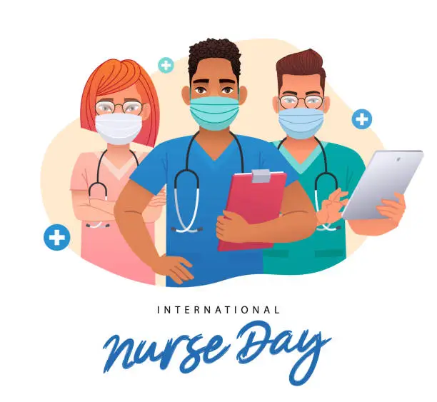 Vector illustration of Three nurses in protective medical masks. Girl and two guys with stethoscopes, folder and tablet. International Nurses Day.