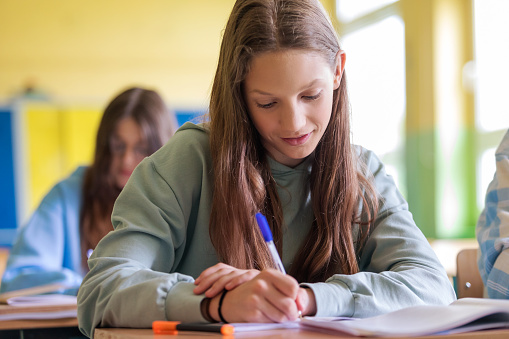 Teenage girl sitting at the desk in the classroom during lesson, writing in notebook.