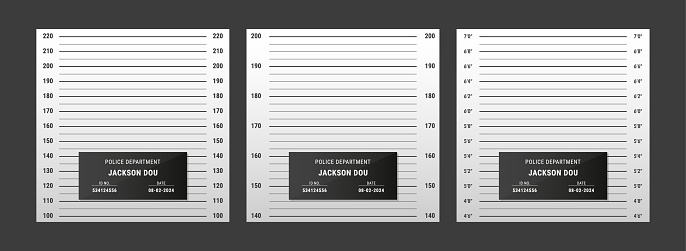 Police mugshot template. Vector background set of police lineup (centimeter scale and inch unit) or mugshot board with text signs for criminals photo. Criminal height wall. Identification frame