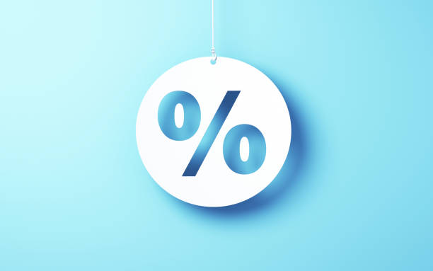 3d Render White cut paper Percentage Sign hanging on a string on Blue Soft background, discount, campaign, finance concept