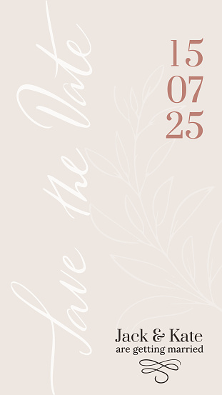 Save the date. Invite calligraphy text. Social Media, mobile, phone design template with the names. Wedding event card. Vector file.