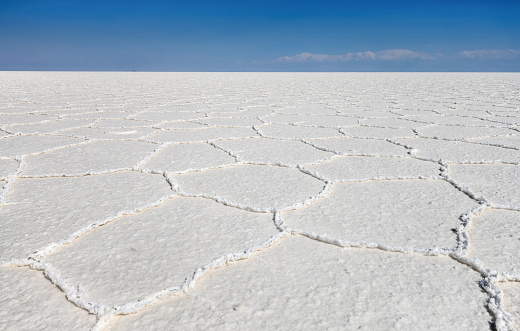 Colchani, Bolivia, October 18, 2023: View of the Bolivian salt flats Salar de Uyuni on a sunny day.