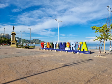 Colombia, Santa Marta, October 7, 2023, welcome sign on the waterfront