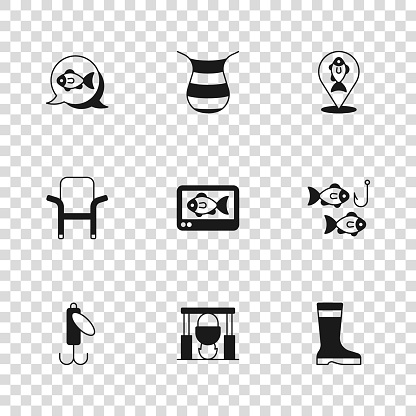 Set Campfire and pot Fishing hook with fish boots finder echo sounder Location fishing net and Camping folding chair icon. Vector.