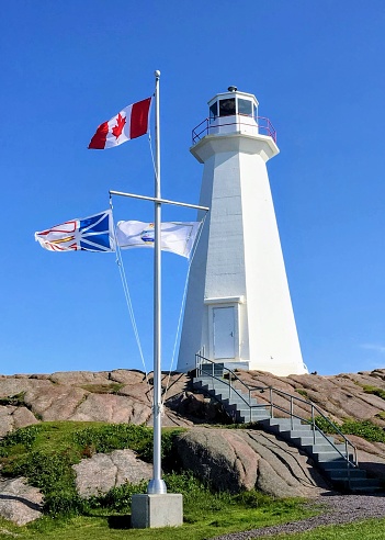 A view of the  the cliff side lighthouse of the Cape Spear National Historic Site in St. John’s, Newfoundland in Canada