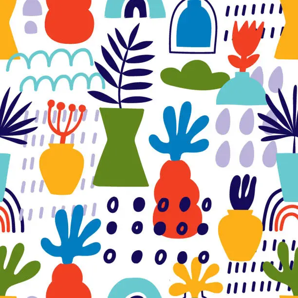 Vector illustration of Boho seamless pattern with abstract simple shapes, tropical leaves and decorative elements.