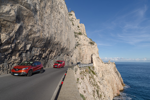 Varigotti, Italy - November 28, 2023: The stunning high altitude cliffside road along the coastline of Liguria, Italy