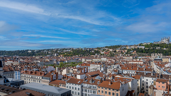 Lyon, France april 4, 2024 : Panorama of the city of Lyon from the roof of the Hôtel-Dieu