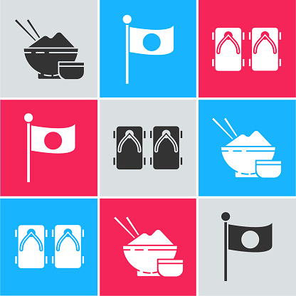 Set Rice in a bowl with chopstick, National flag of Japan on pole and Geta traditional Japanese shoes icon. Vector