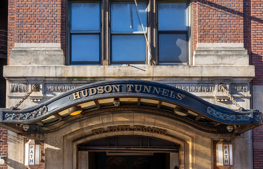 Christopher street, Greenwich Village, Manhattan, New York, USA - March, 2024. The Hudson Tunnels entrance.
